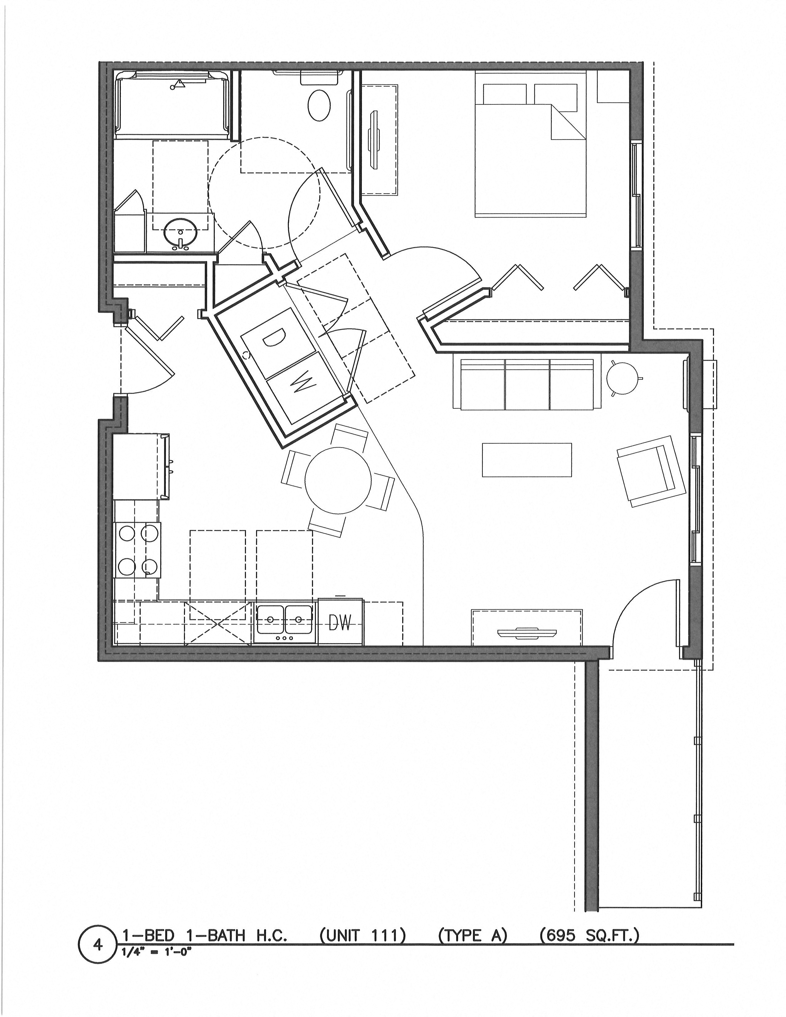 Floor plan for 1 bed, 1 bath, 748 sqft